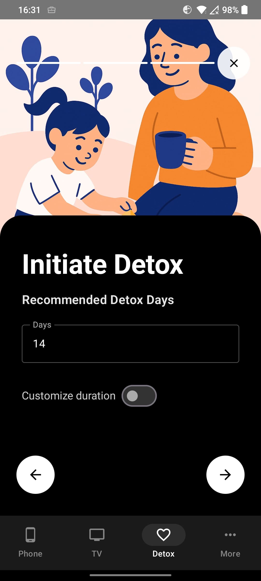 Initiate detox screen with recommended 14-day program