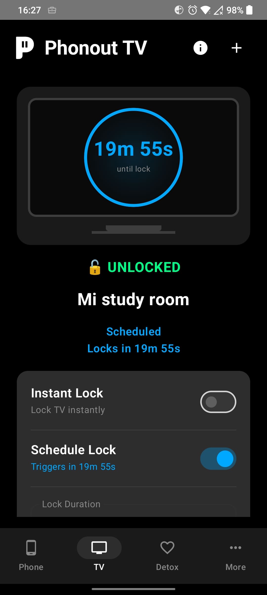 TV control with schedule lock and instant lock options